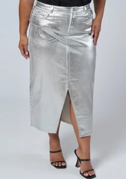Peaches Silver Denim Midi Skirt