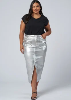 Peaches Silver Denim Midi Skirt