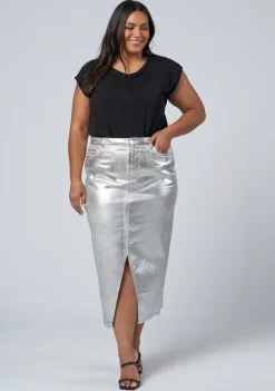 Peaches Silver Denim Midi Skirt
